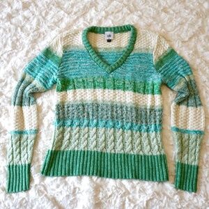 Cabi Women’s Green Blue Striped Cable Knit V‑Neck Sweater Mixed Stitch XS